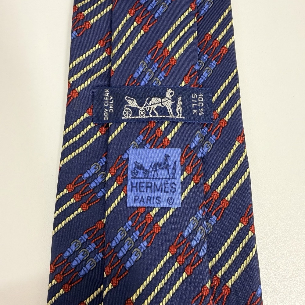 Hermes Men's Tie Equestrian Ropes Belts Navy/Yellow/Red Silk 695 OA 3.5" x 57"